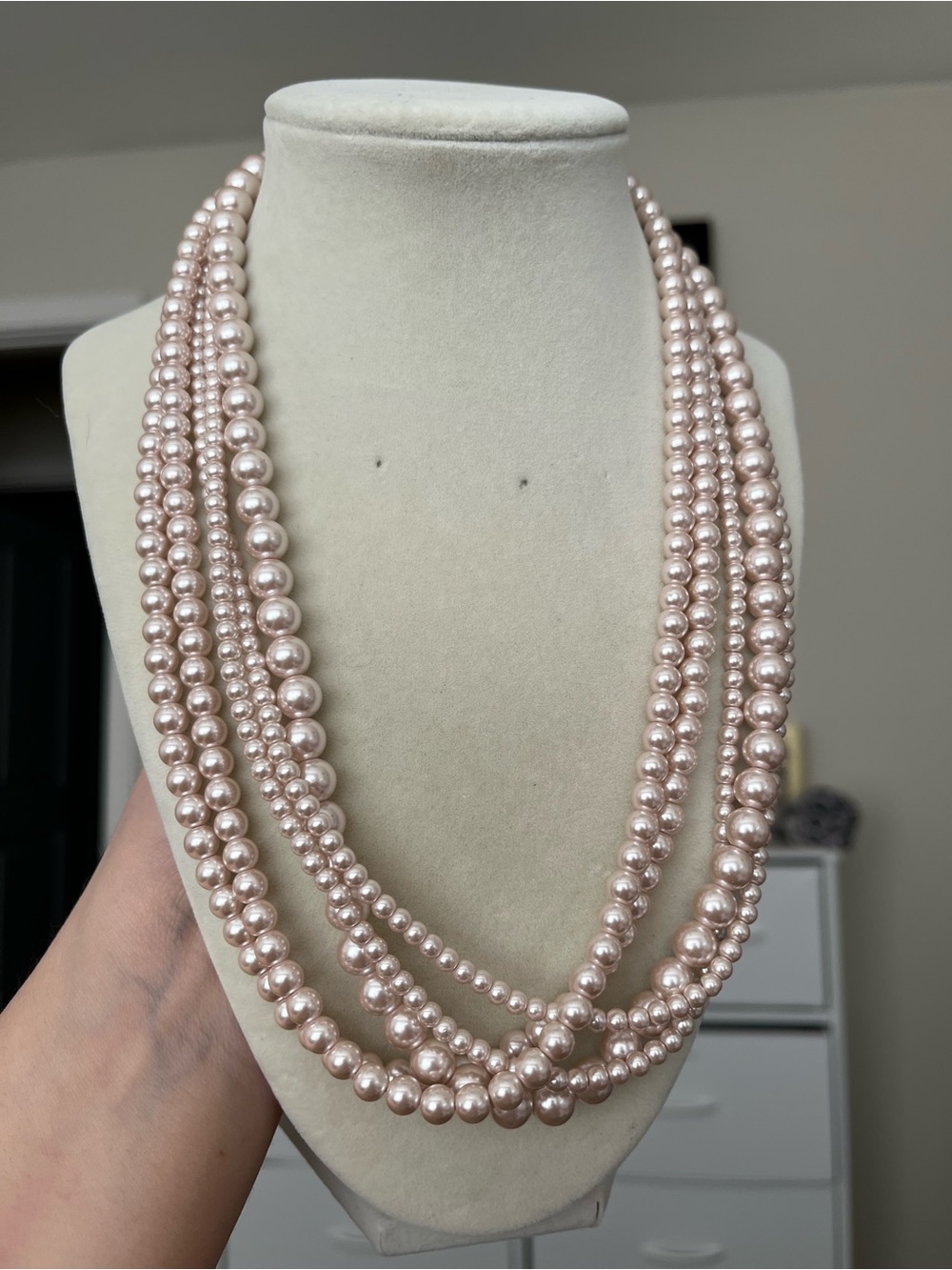 Beautiful Vintage Multi Stand Faux Pearl Necklace Light Pink Shimmer 23”
